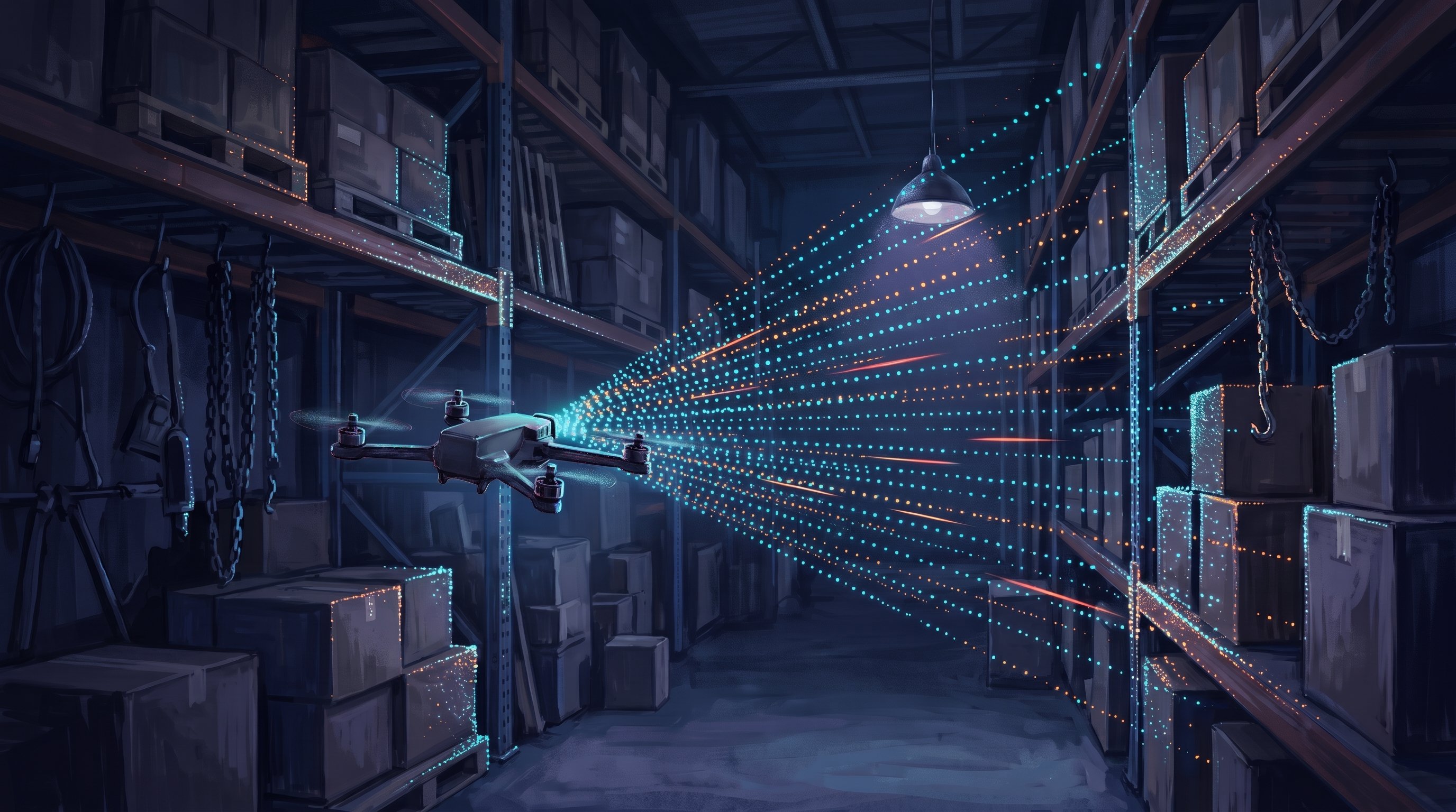 Een kleine drone vliegt door een donker magazijn; vanaf zijn camera waaiert een spoor van blauwe en oranje lichtpuntjes uit, en alleen de randen van schappen en dozen lichten op.