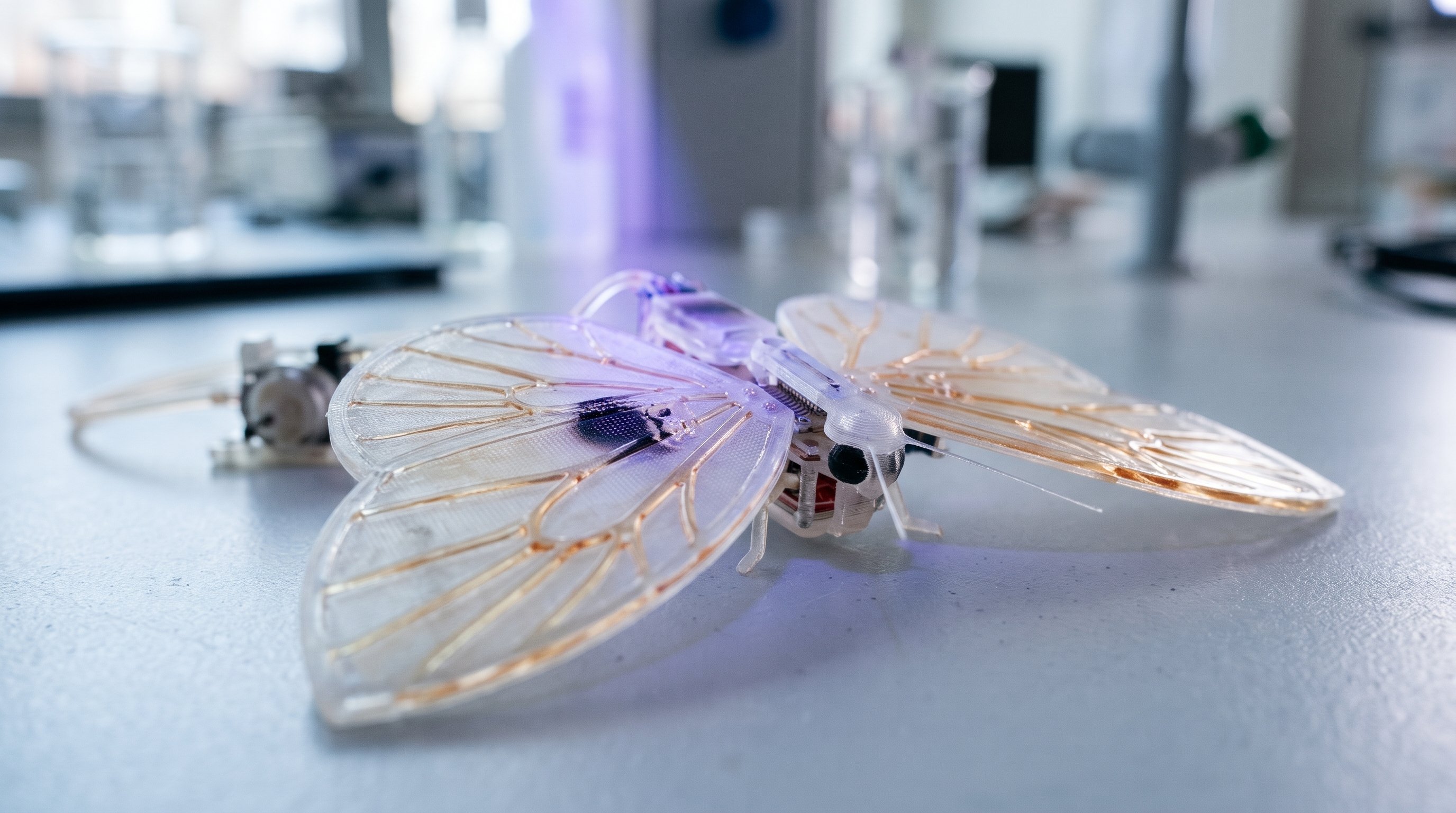 Doorzichtige robotmot op een labtafel, met oranje adertjes in de vleugels en een zwarte vlek op één vleugel; links een klein pompje met een slangetje.