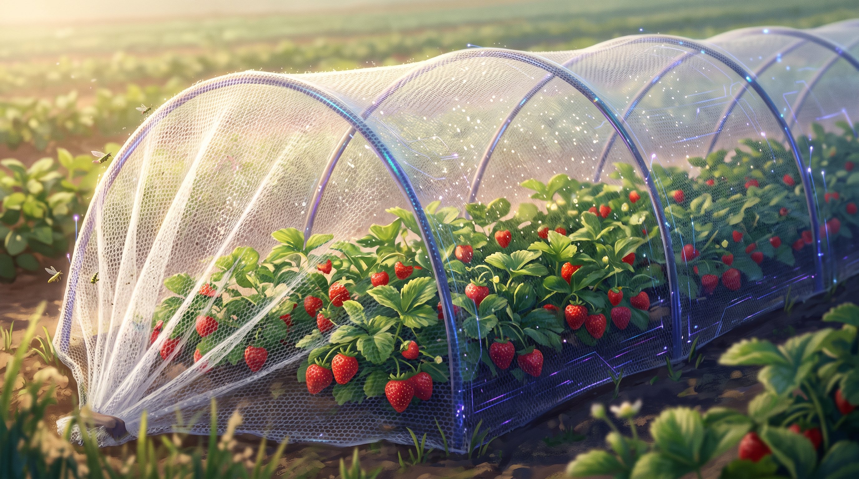 Een lage tunnel van wit, fijn gebreid gaas op bogen staat over een rij aardbeiplanten vol rode aardbeien in een zonnig veld; kleine insecten vliegen buiten het gaas.