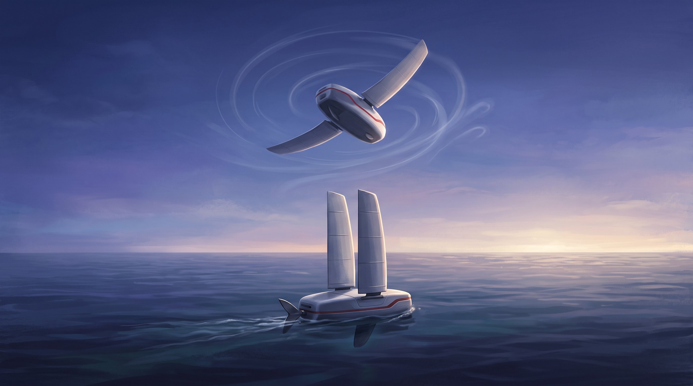 Een witte robot met twee vleugels draait rond in de lucht boven een kalme zee. Eronder vaart een gelijke robot op het water, met de twee vleugels rechtop als zeilen en een roer in de vorm van een vissenstaart.