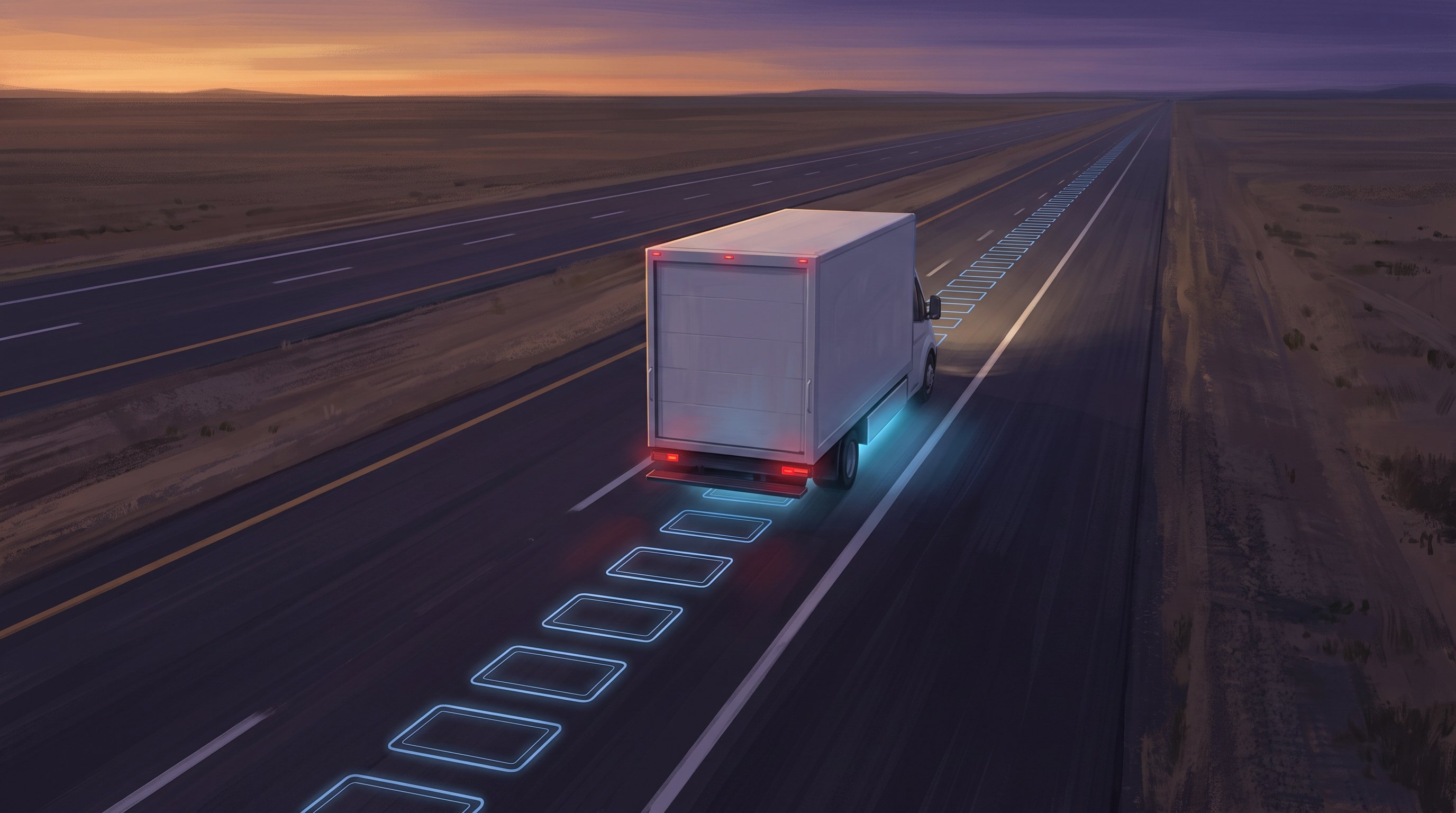 Witte vrachtwagen met laadbak van achteren en bovenaf gezien op een lege snelweg bij zonsondergang. In het wegdek ligt een rij blauw oplichtende rechthoekige spoelen; onder de wagen schijnt blauw licht.