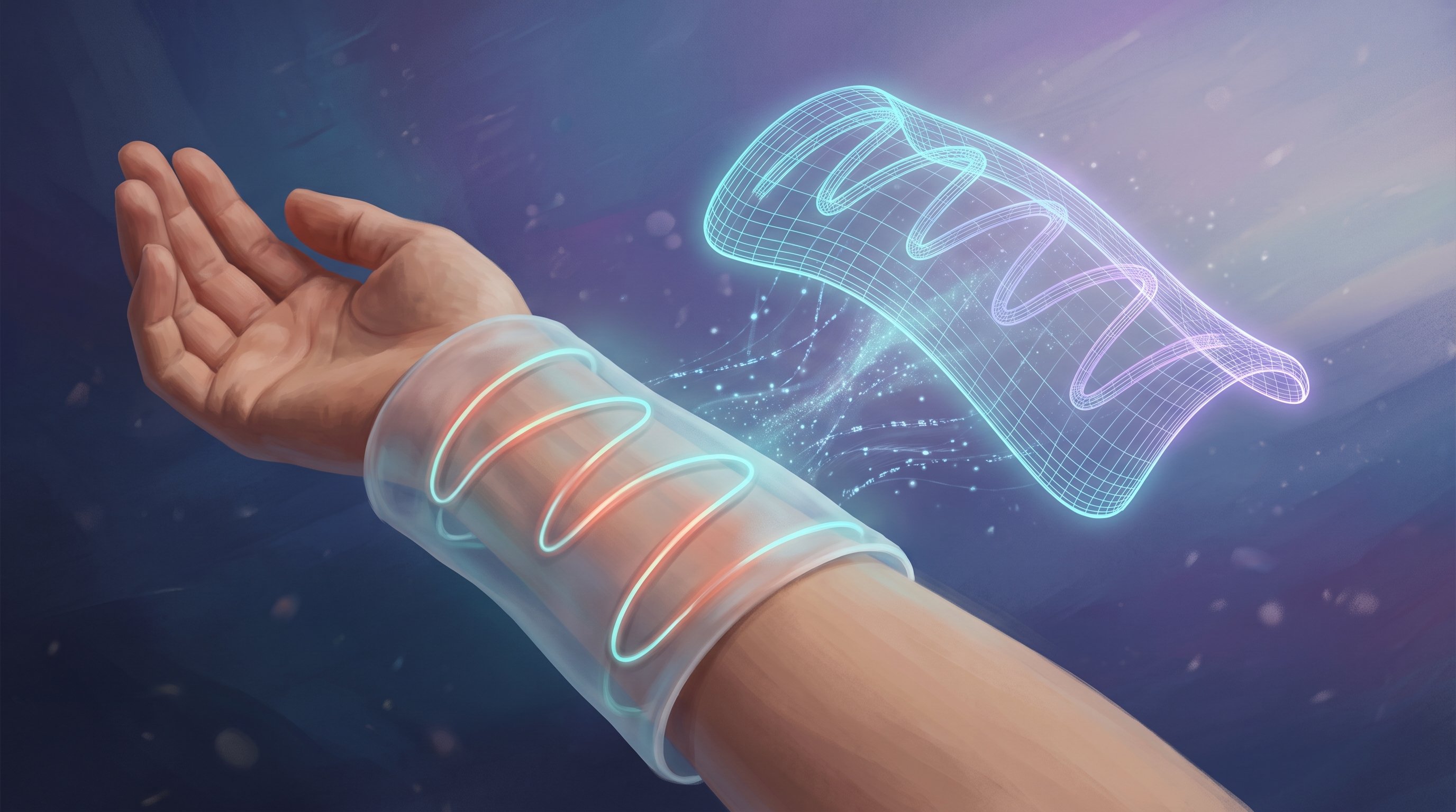 Doorzichtige, zachte mouw om een onderarm met daarin een gloeiende zigzaglijn van lichtvezels. Ernaast zweeft een lichtblauw 3D-draadmodel van hetzelfde gebogen vel met dezelfde zigzag.
