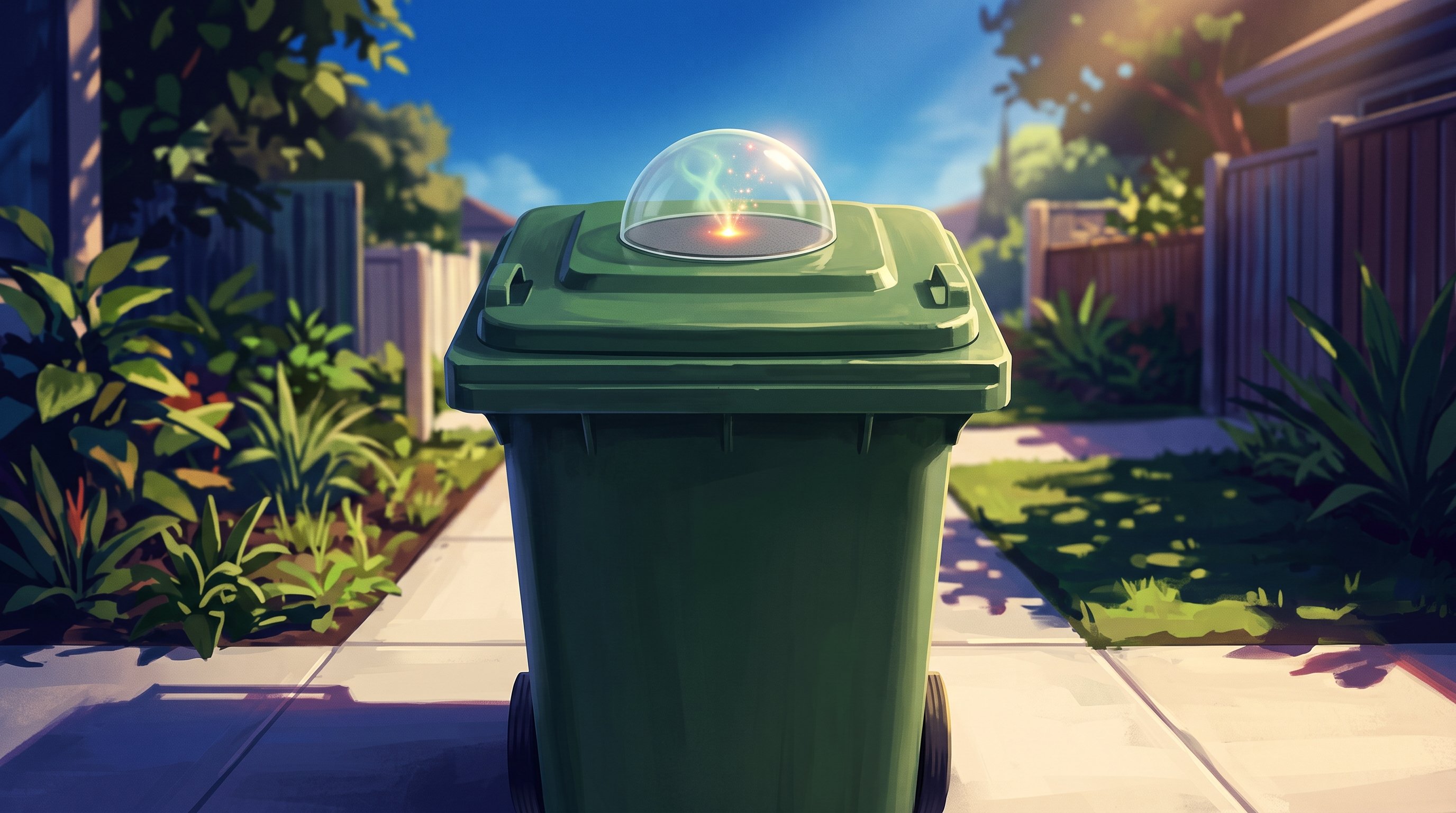 Groene kliko met gesloten deksel op een zonnig trottoir. Midden op het deksel zit een doorzichtige koepel; daarin bundelt het zonlicht zich tot een fel lichtpuntje, waar een groenige sliert geur oplost in gouden vonkjes.