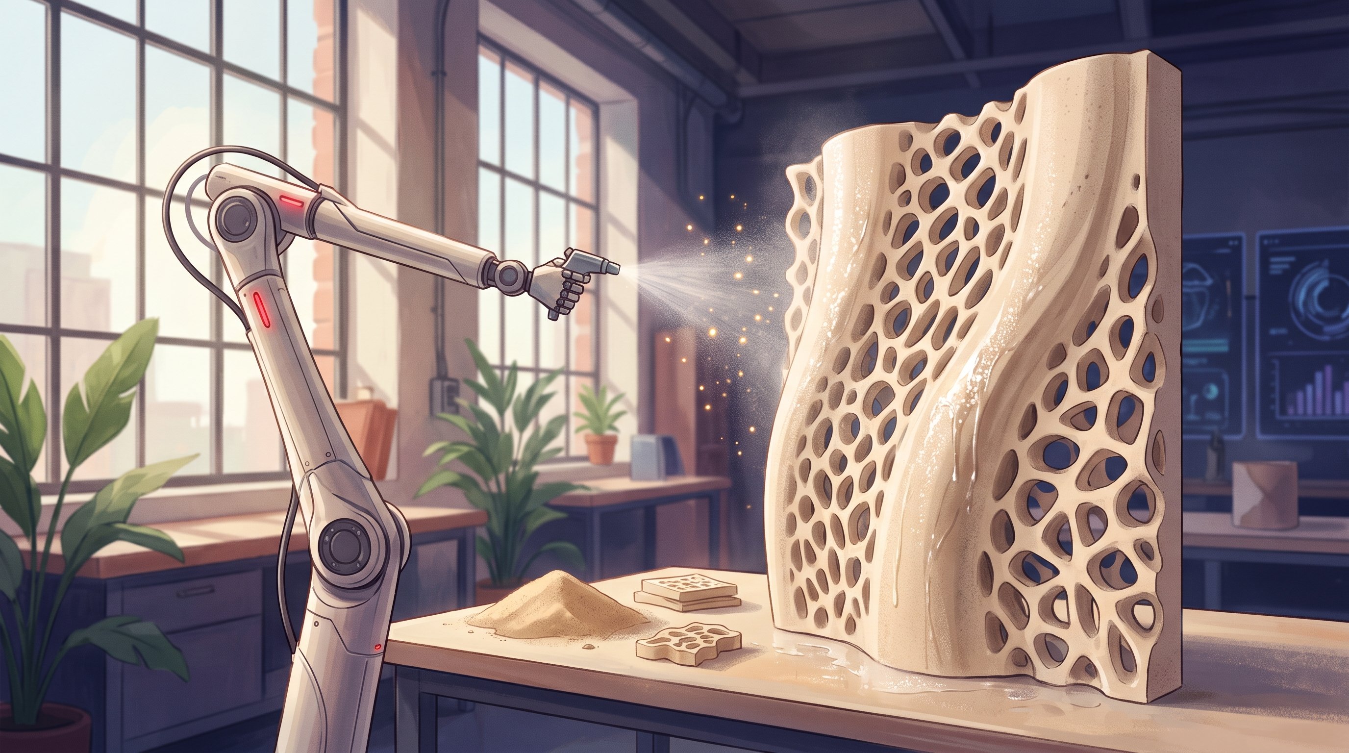 Een robotarm in een lichte werkplaats spuit een fijne nevel op een golvend, zandkleurig wandpaneel vol ronde gaten; op de werkbank liggen een hoopje zand en kleine stukjes van hetzelfde materiaal.