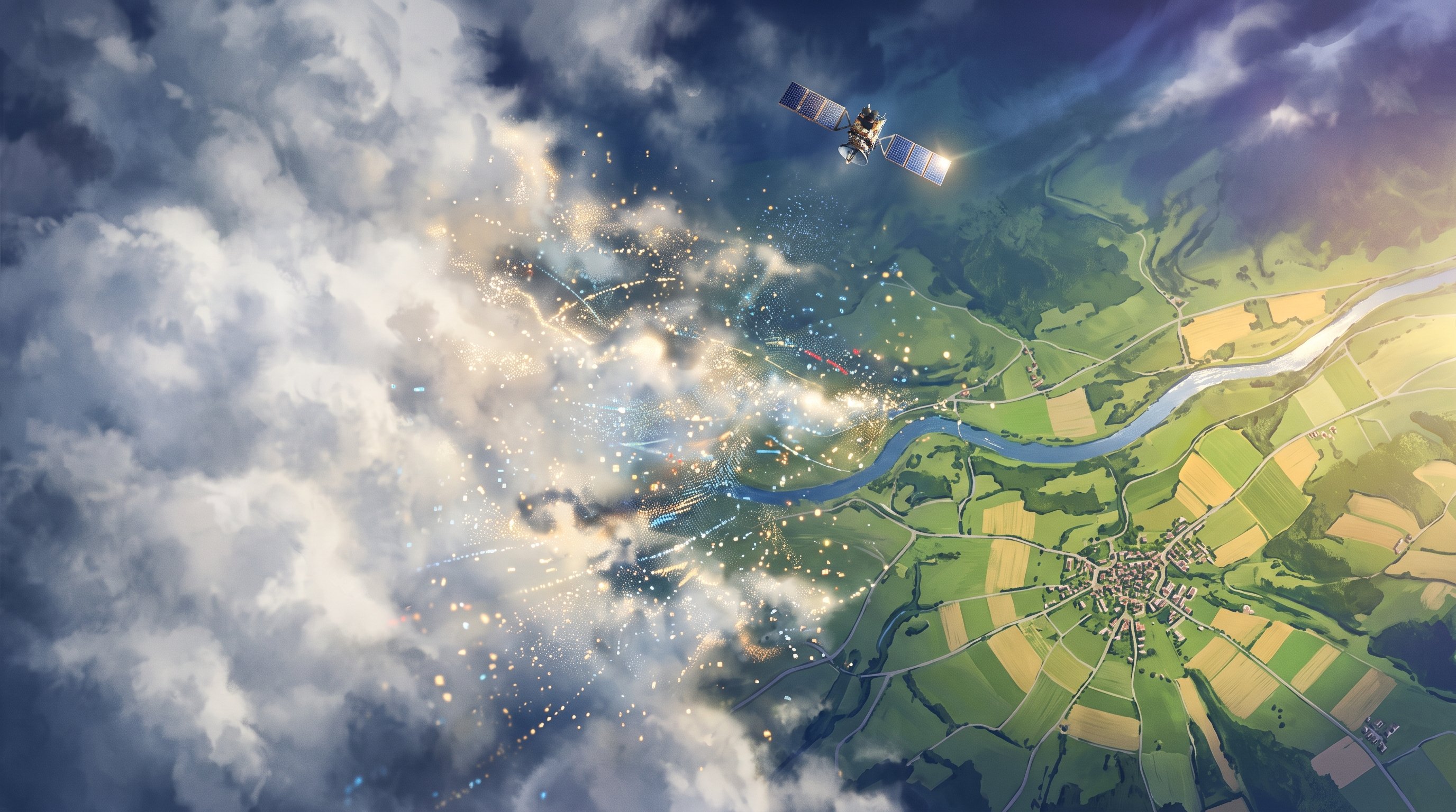 Luchtbeeld van boven: links dikke wolken die overgaan in lichtpuntjes, rechts een groen rivierdal met akkers, wegen en een dorp. Boven het dal zweeft een satelliet met zonnepanelen.