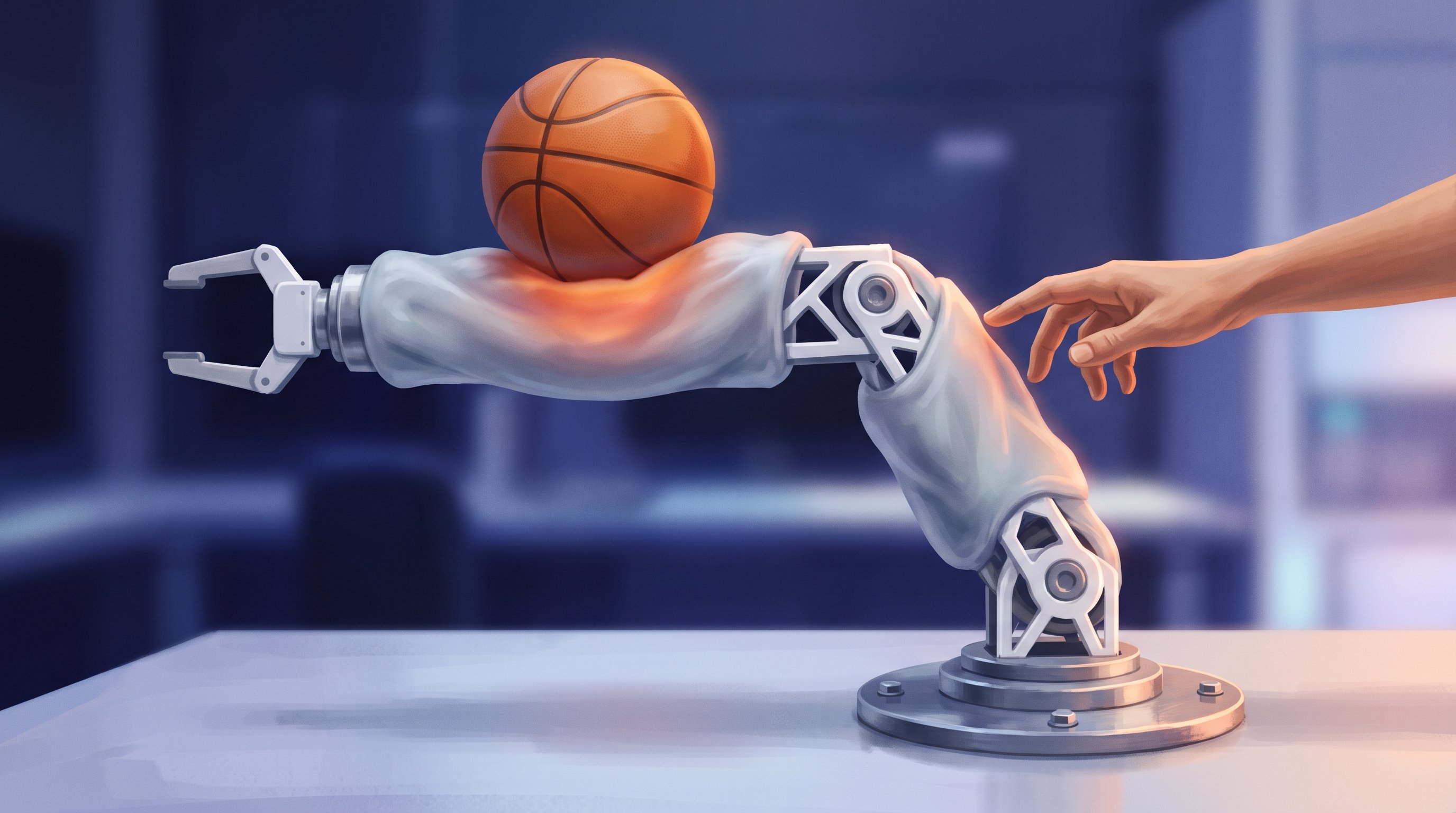 Witte robotarm op een voet op een labtafel, met een zachte grijze huid over boven- en onderarm. Op de onderarm ligt een basketbal die oranje oplicht waar hij drukt; van rechts komt een mensenhand naar de arm toe.