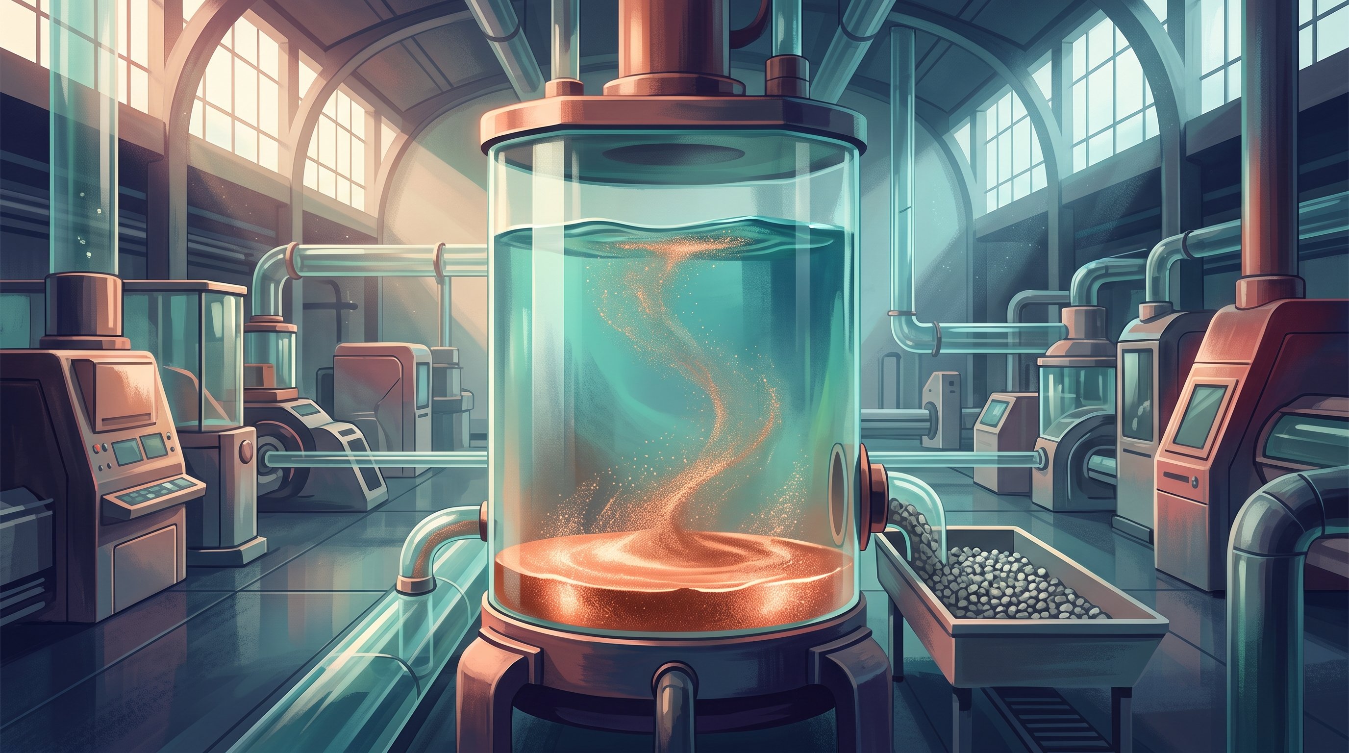 Grote glazen tank met blauwgroene vloeistof in een lichte fabriekshal. Koperkleurig poeder dwarrelt erin rond en zakt naar de bodem als een glanzende koperlaag; ernaast vangt een bak grijze korrels afval op.