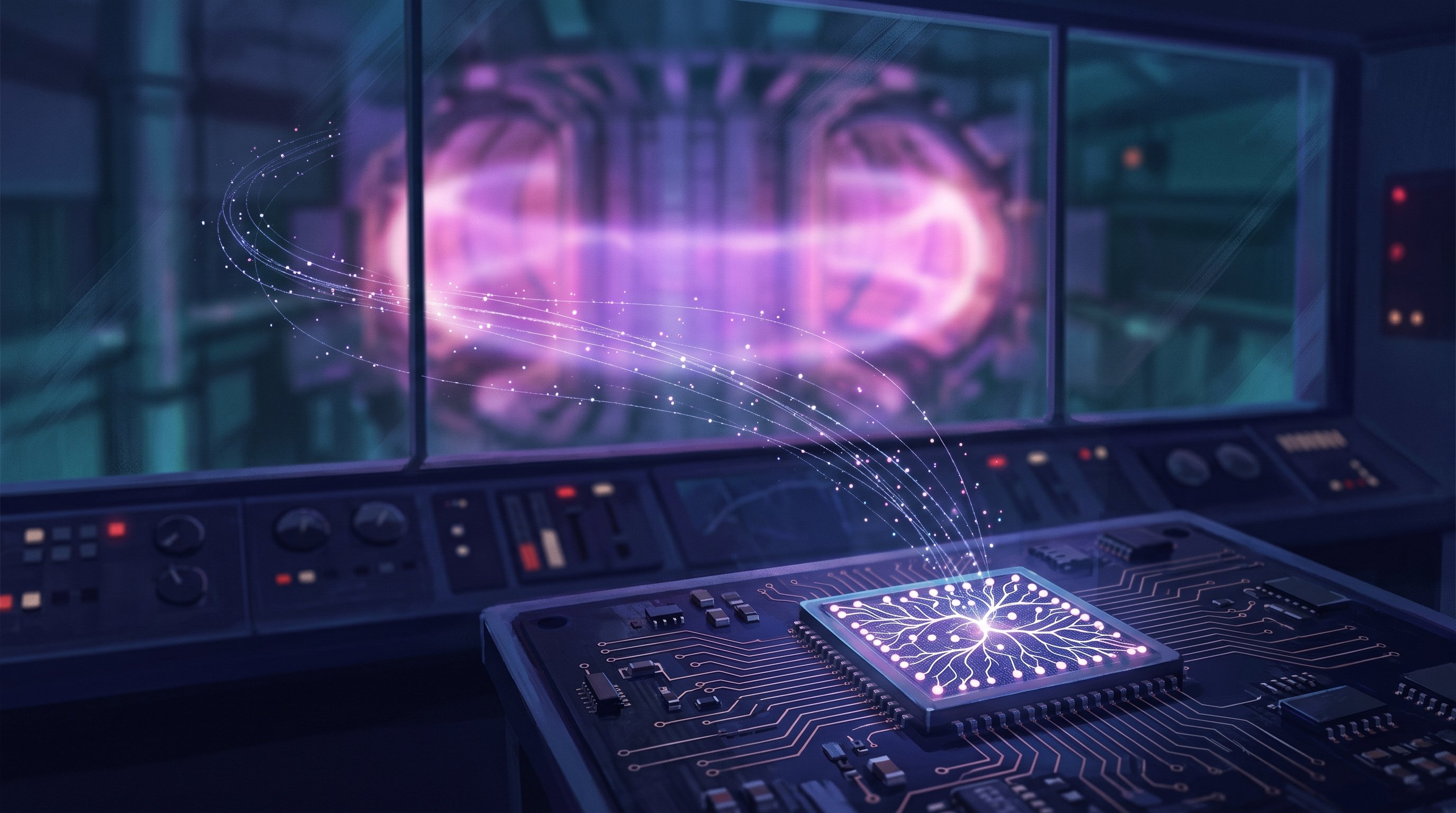 Oplichtende chip met een vertakt patroon als zenuwcellen op een printplaat in een controlekamer. Door een groot raam is wazig een fusiereactor met een paarsroze gloeiende plasmaring te zien; lichtpuntjes stromen van de reactor naar de chip.