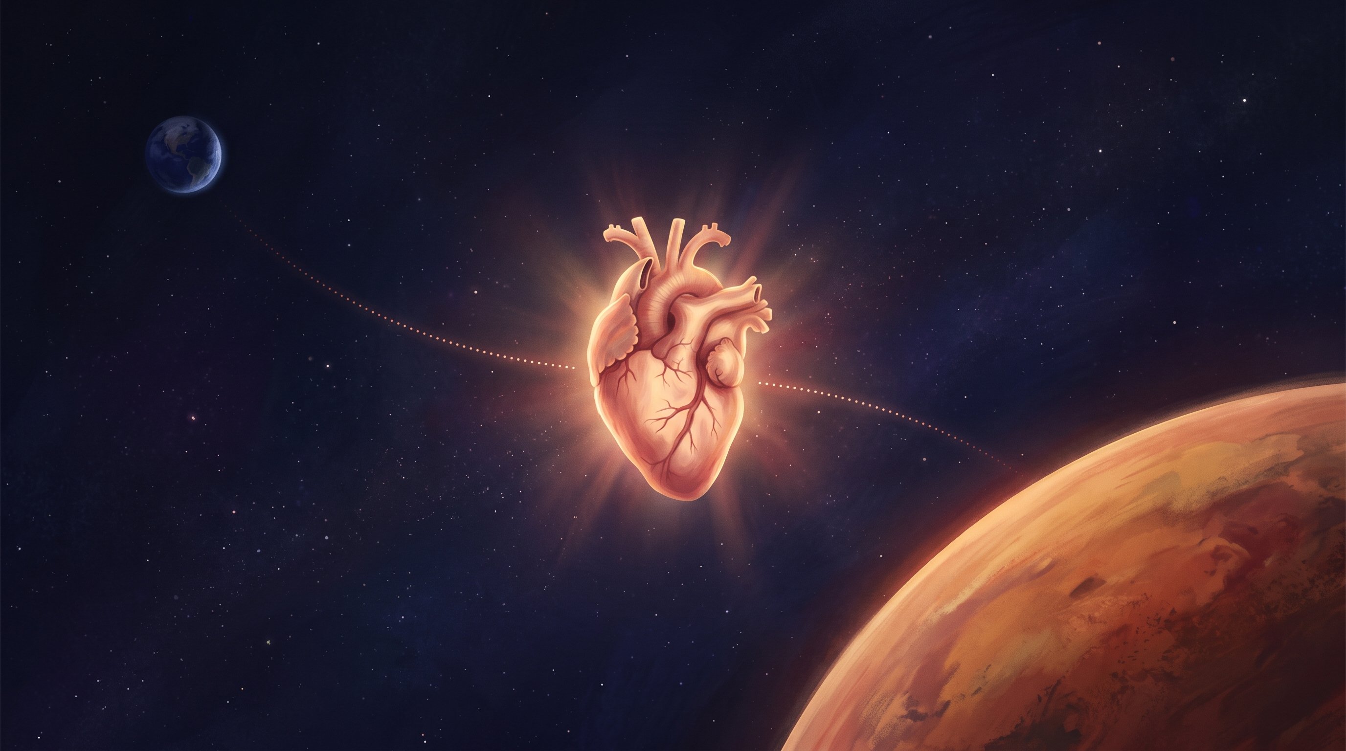 Een zacht gloeiend menselijk hart zweeft in de sterrenhemel. Linksboven staat de aarde als kleine blauwe bol, rechtsonder de rode planeet Mars. Een stippellijn van licht loopt van de aarde langs het hart naar Mars.