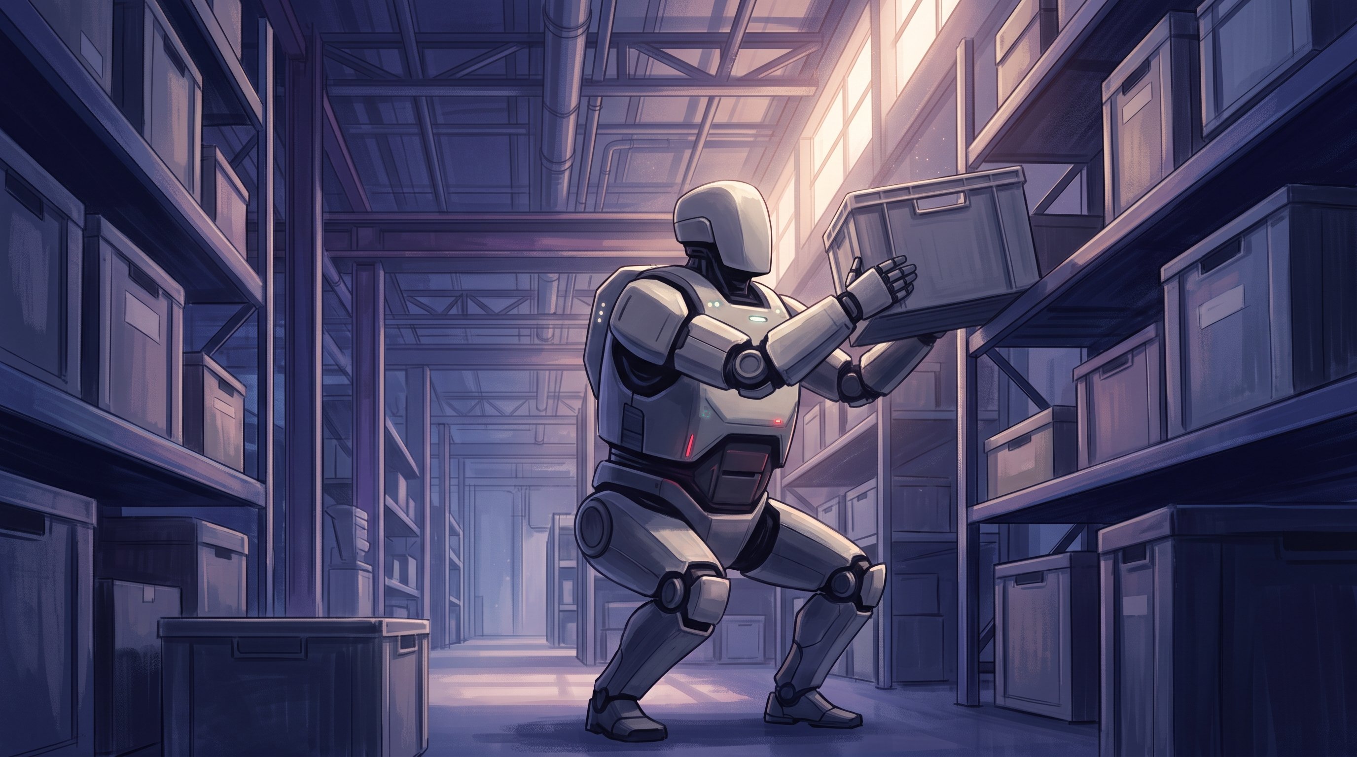 Een stevige grijze humanoïde robot zonder gezicht zit diep door zijn knieën in een magazijngang en tilt een grijze krat naar een hoge stellingplank, in paars avondlicht.