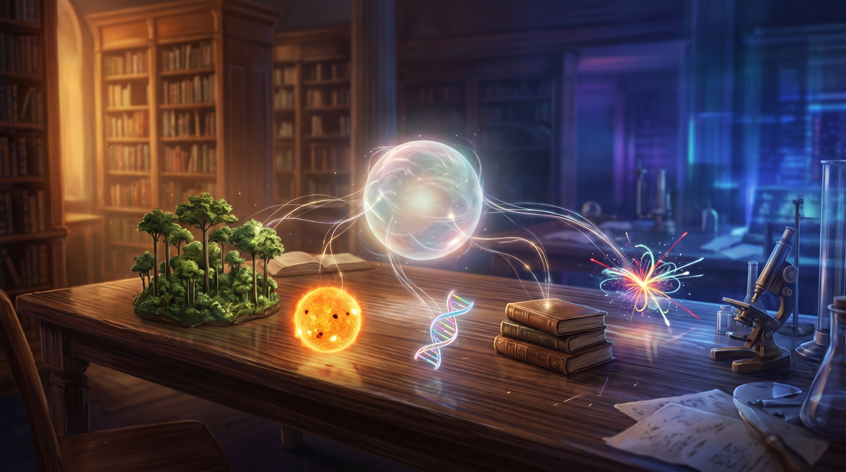 Een gloeiende bol van licht boven een houten bibliotheektafel, met lichtdraden naar een miniatuurregenwoud, een kleine zon met vlekken, een DNA-streng, een stapel boeken en een uitbarsting van deeltjessporen.