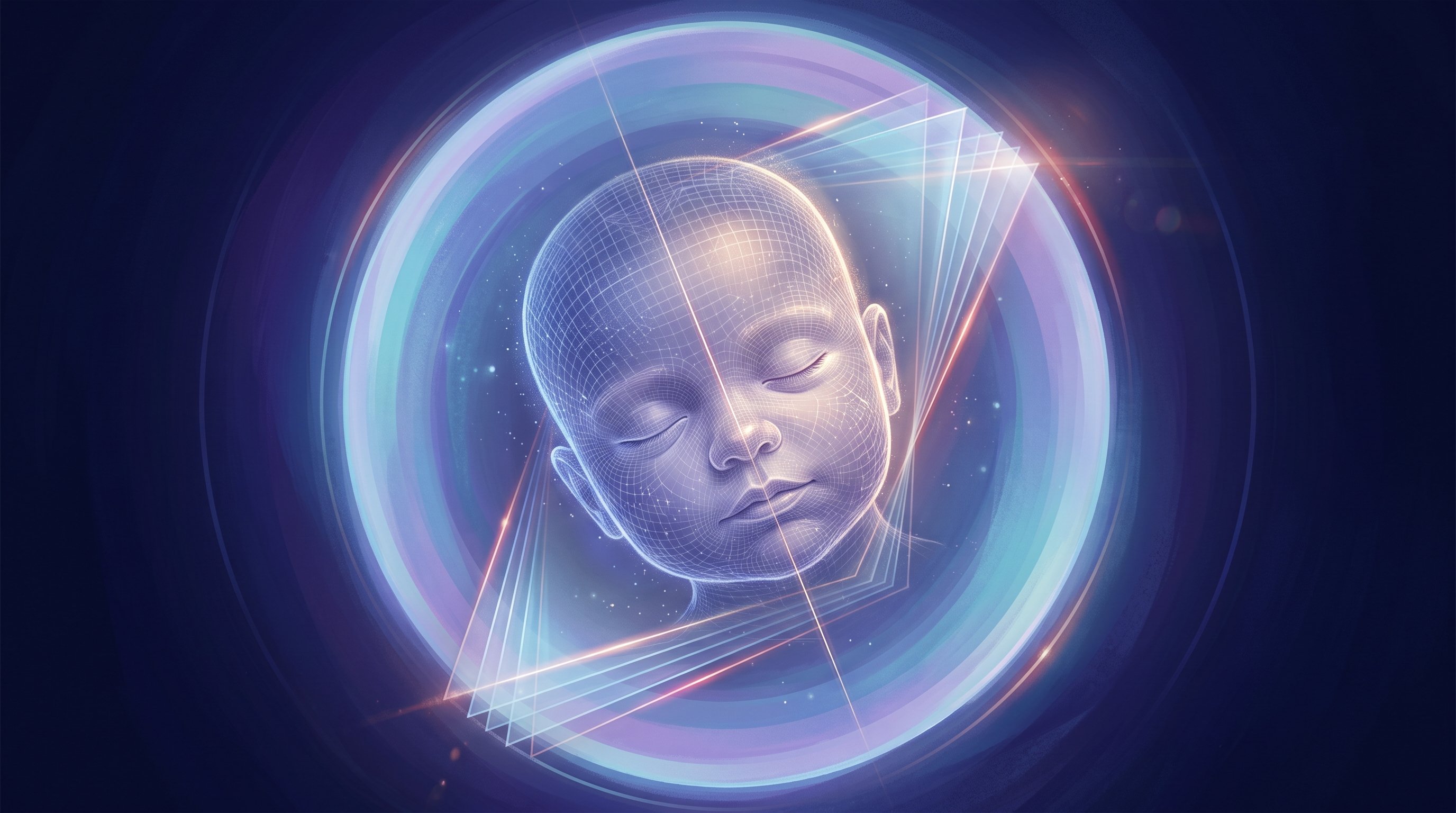 Het doorzichtige, gloeiende hoofd van een slapende baby, iets schuin gekanteld in een ronde lichtring, met een lichtlijn over het midden van het gezicht en schuine glazen plakjes die met de kanteling meegaan.