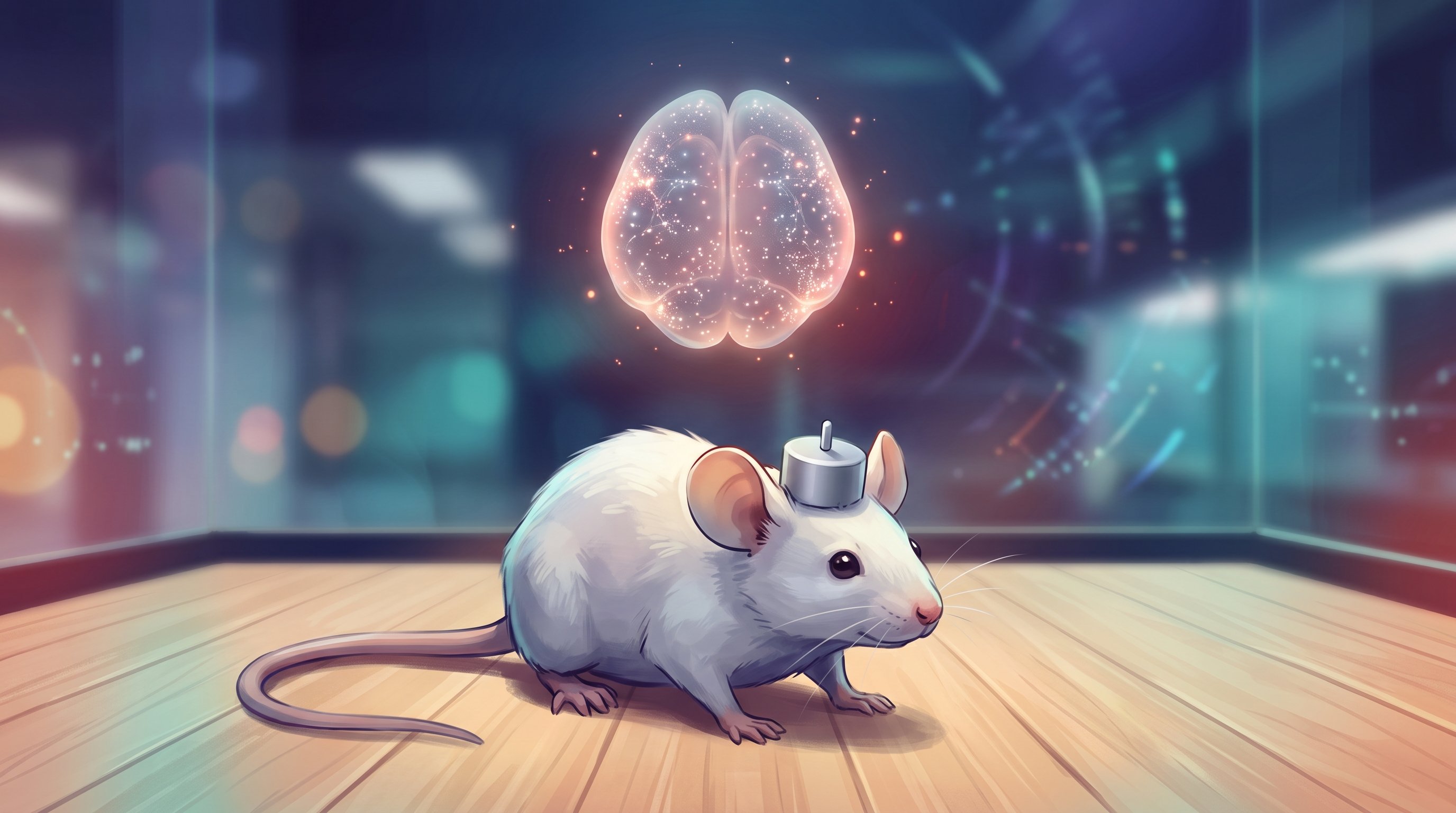 Een witte muis op een houten vloer met een klein metalen apparaatje op zijn kop, zonder kabels. Erboven zweeft een gloeiend, doorzichtig muizenbrein vol lichtpuntjes.