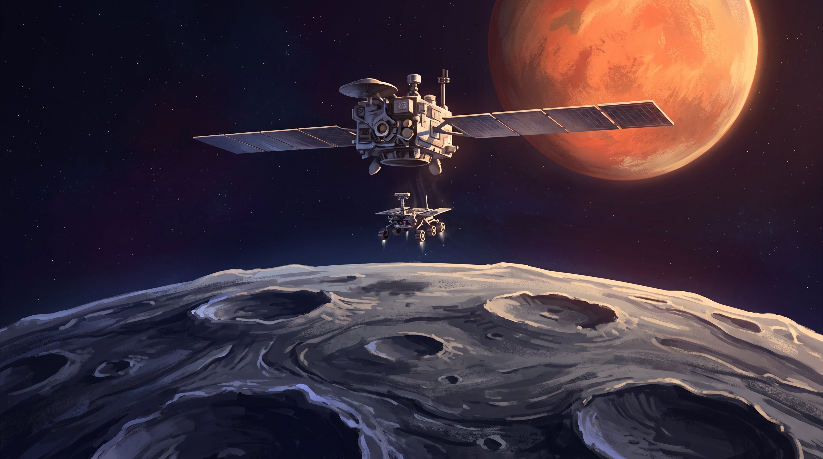 Een ruimtesonde met zonnepanelen zweeft boven het grijze, met kraters bezaaide oppervlak van een maantje. Onder de sonde daalt een kleine rover met vier wielen af. Op de achtergrond staat de oranjerode planeet Mars.