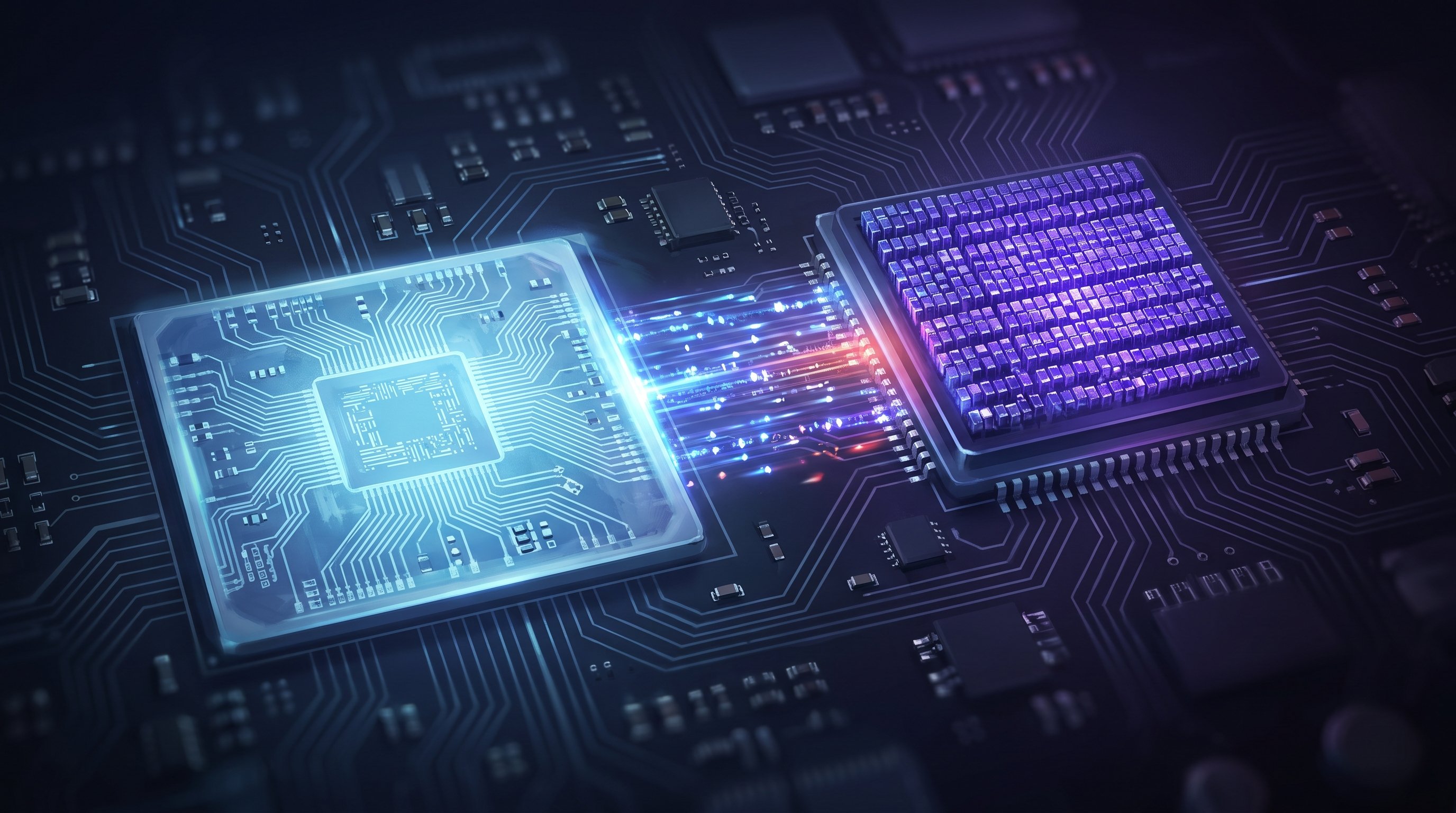 Twee computerchips naast elkaar op een donkere printplaat: links een blauw oplichtende chip met fijne lijntjes, rechts een chip vol paarse blokjes, verbonden door een bundel lichtstralen.