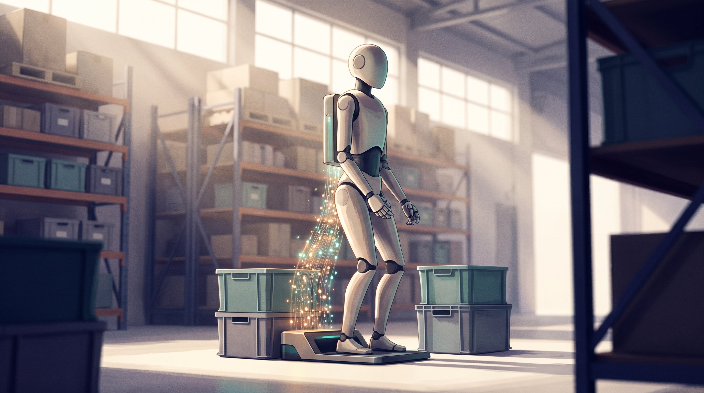 Een witte mensachtige robot met een accupakket op zijn rug staat op een laadplaat in een licht magazijn tussen kratten en stellingen; een stroom gloeiende lichtdeeltjes loopt tussen de laadplaat en de accu.