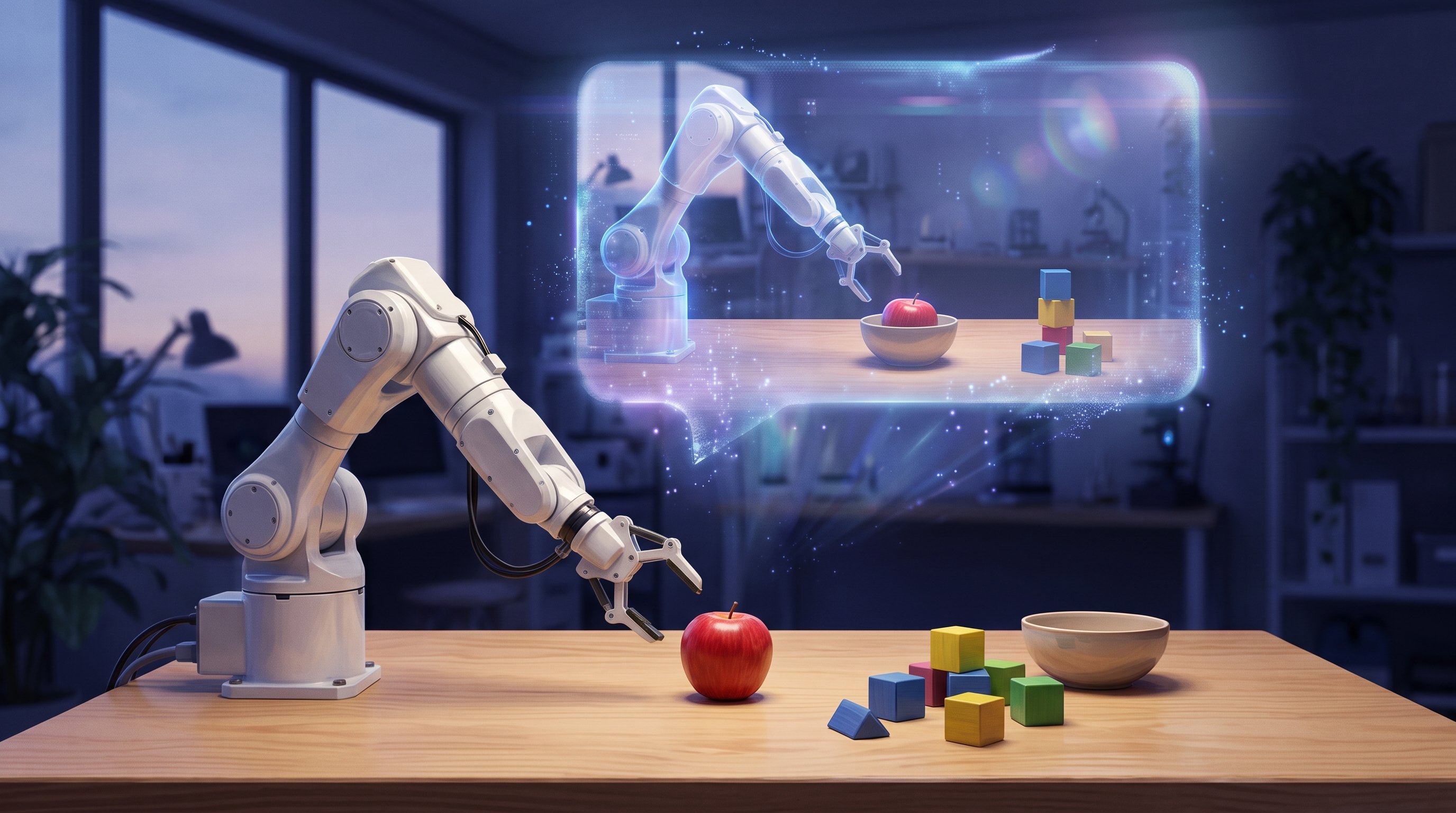 Een witte robotarm op een houten tafel grijpt naar een rode appel naast gekleurde blokjes. Erboven zweeft een doorzichtig, oplichtend beeld van dezelfde tafel met de appel in een schaal en de blokjes gestapeld.