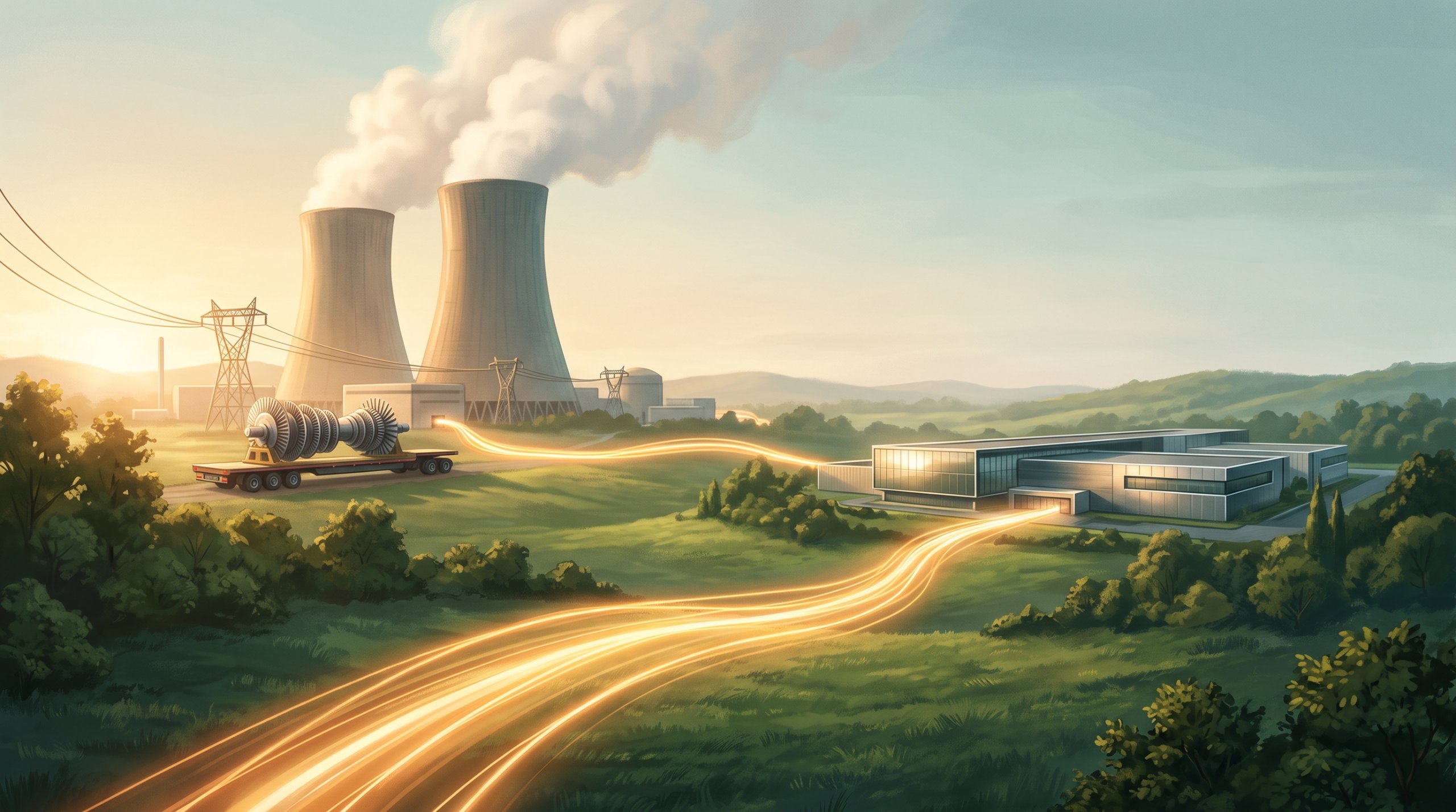 Twee koeltorens van een kerncentrale met witte stoomwolken in het ochtendlicht. Vooraan staat een nieuwe turbine op een dieplader. Gloeiende lichtbanen lopen door een groen heuvellandschap naar een modern datacenter.