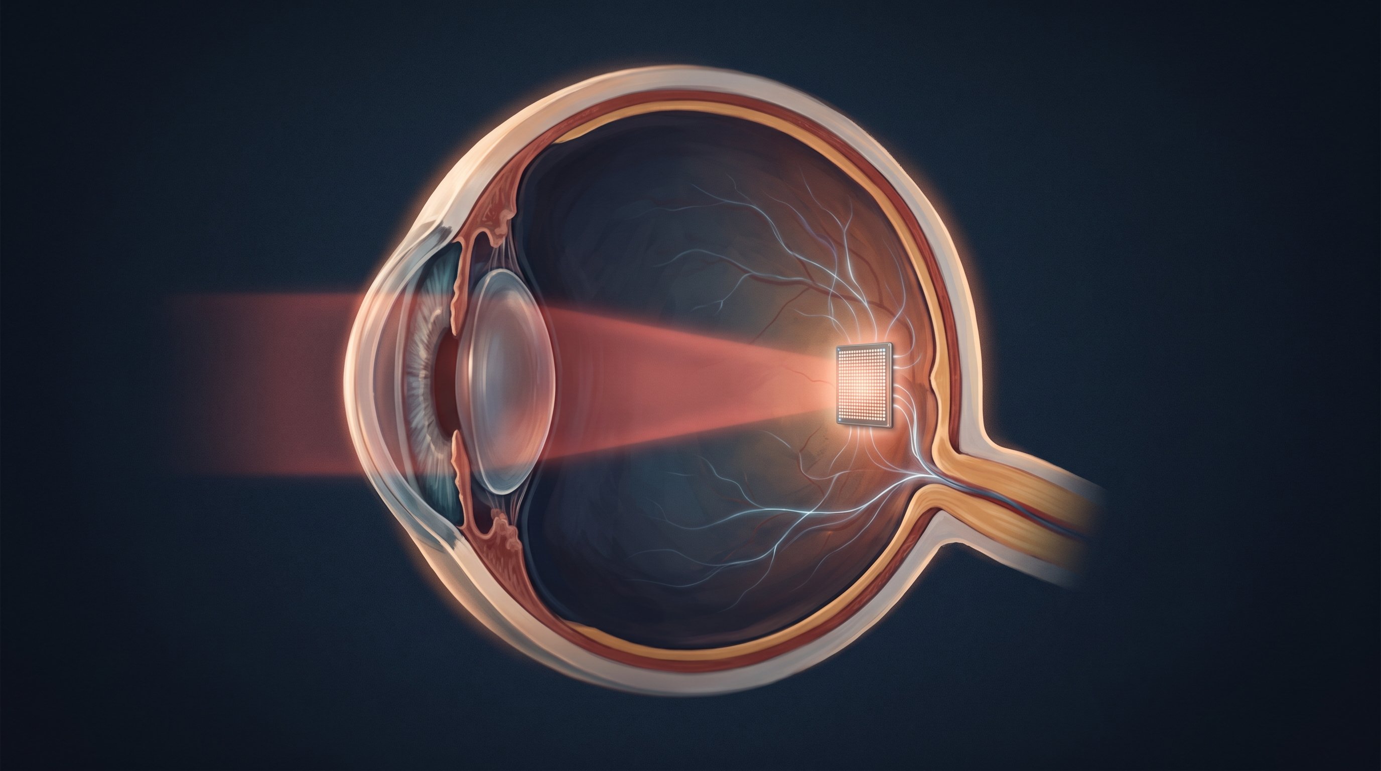 Doorsnede van een menselijk oog tegen een donkerblauwe achtergrond. Een rode lichtstraal gaat door de pupil en de lens naar een klein vierkant chipje achter in het oog, waar de oogzenuw naar achteren wegloopt.