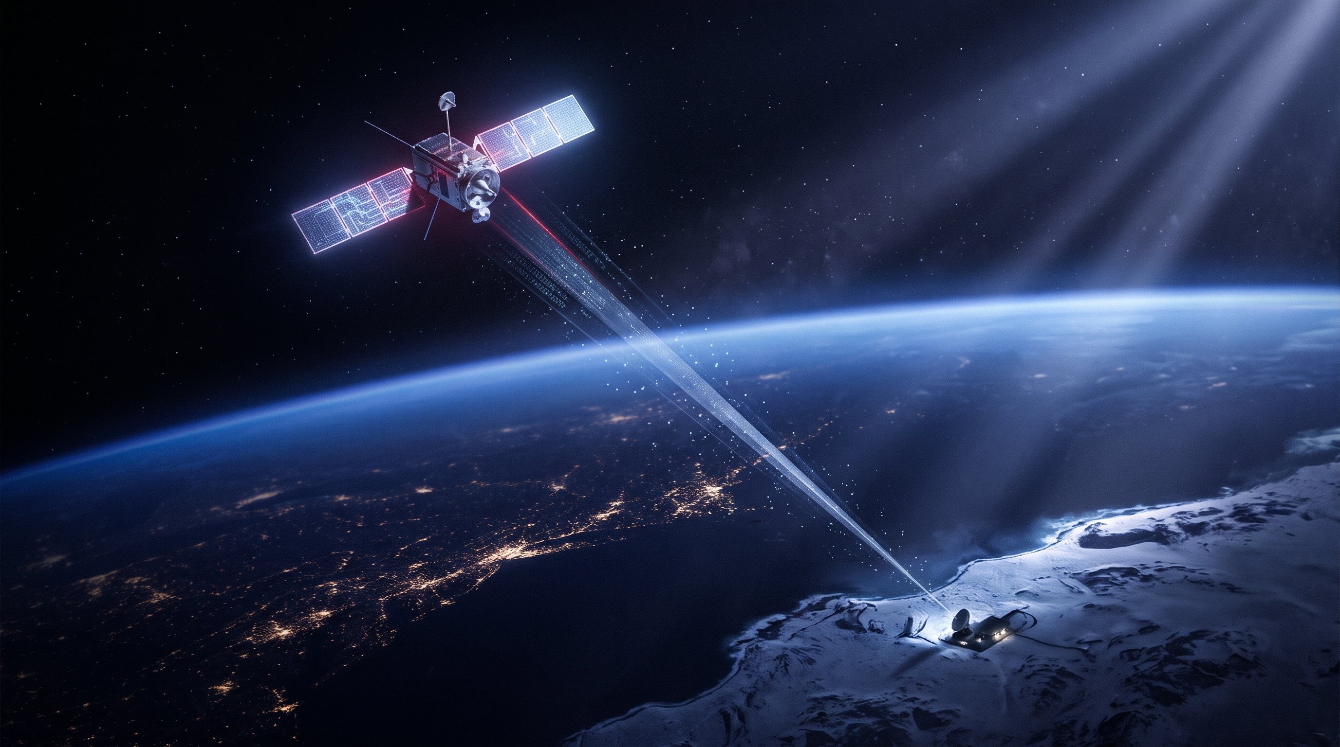 Een kleine prototypesatelliet met gloeiende panelen cirkelt boven de gekromde blauwe horizon van de aarde en stuurt een bundel data omlaag naar een grondstation aan een besneeuwde kust, onder een sterrenhemel.