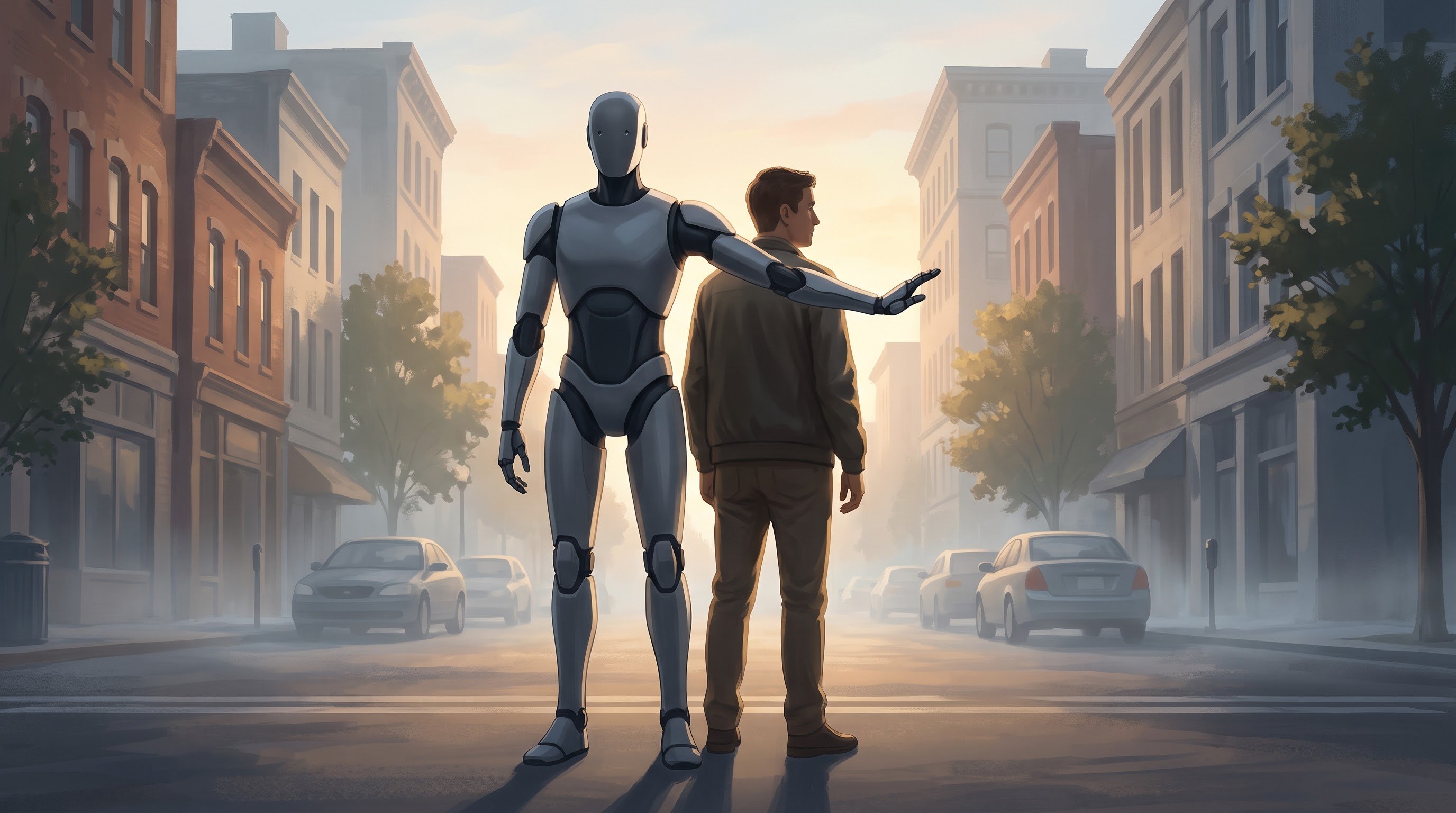 Een grijze mensachtige robot staat bij zonsopgang op een rustige straat en houdt beschermend zijn arm voor een man in een bruine jas.