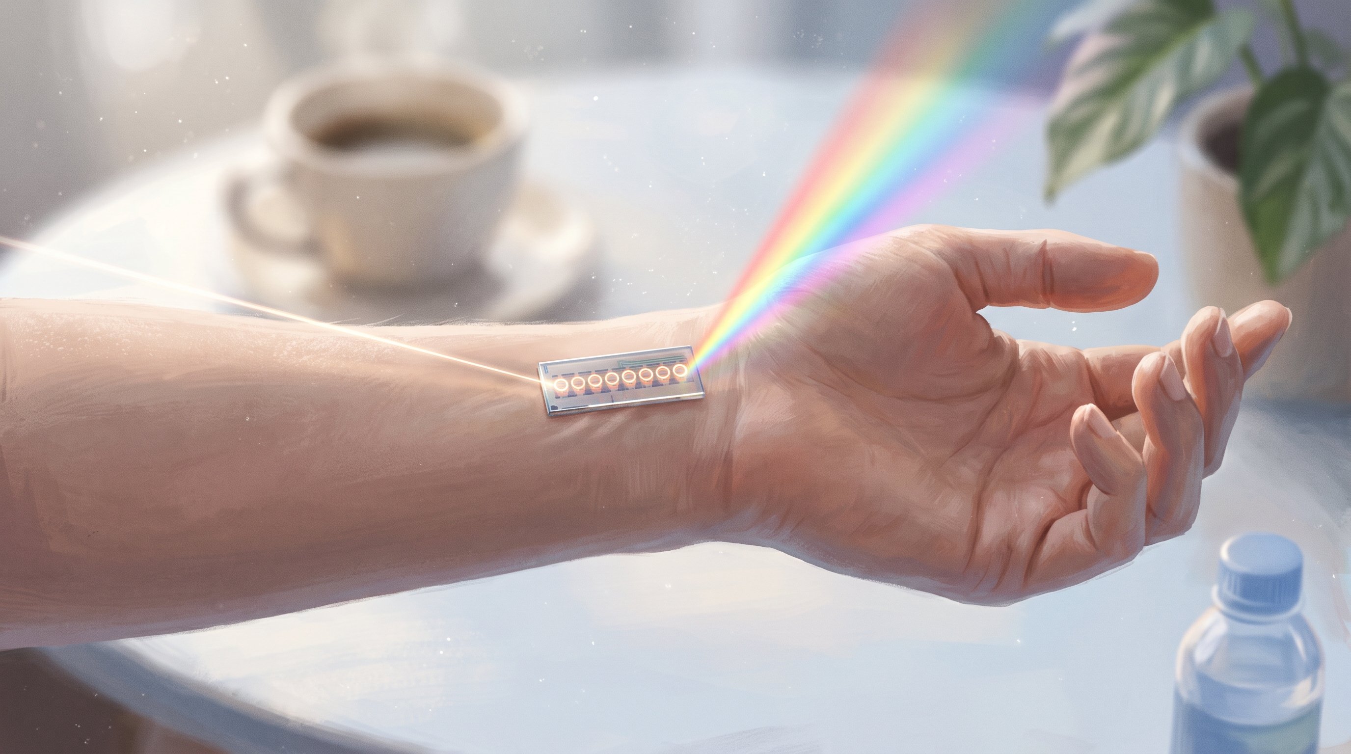 Een kleine chip op de binnenkant van een pols. Een dunne lichtstraal loopt door een rij gloeiende ringetjes en komt eruit als een regenboog. Op tafel een kop koffie, een plant en een flesje water.
