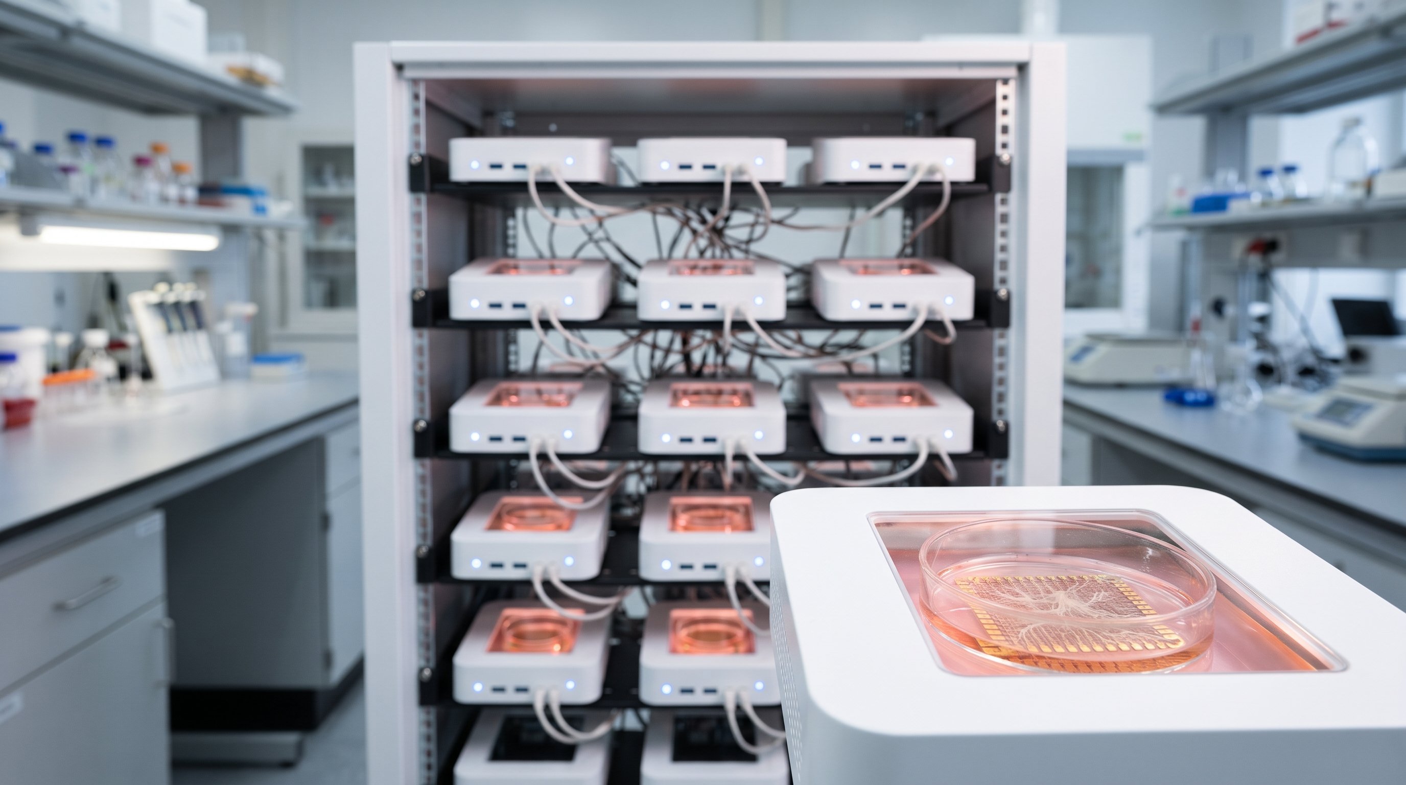Een rek vol witte kastjes in een lab, met kabels aan elkaar gekoppeld. Vooraan een kastje met een glazen schaaltje roze voedingsvloeistof op een chip met gouden elektroden en dunne vertakte draden.