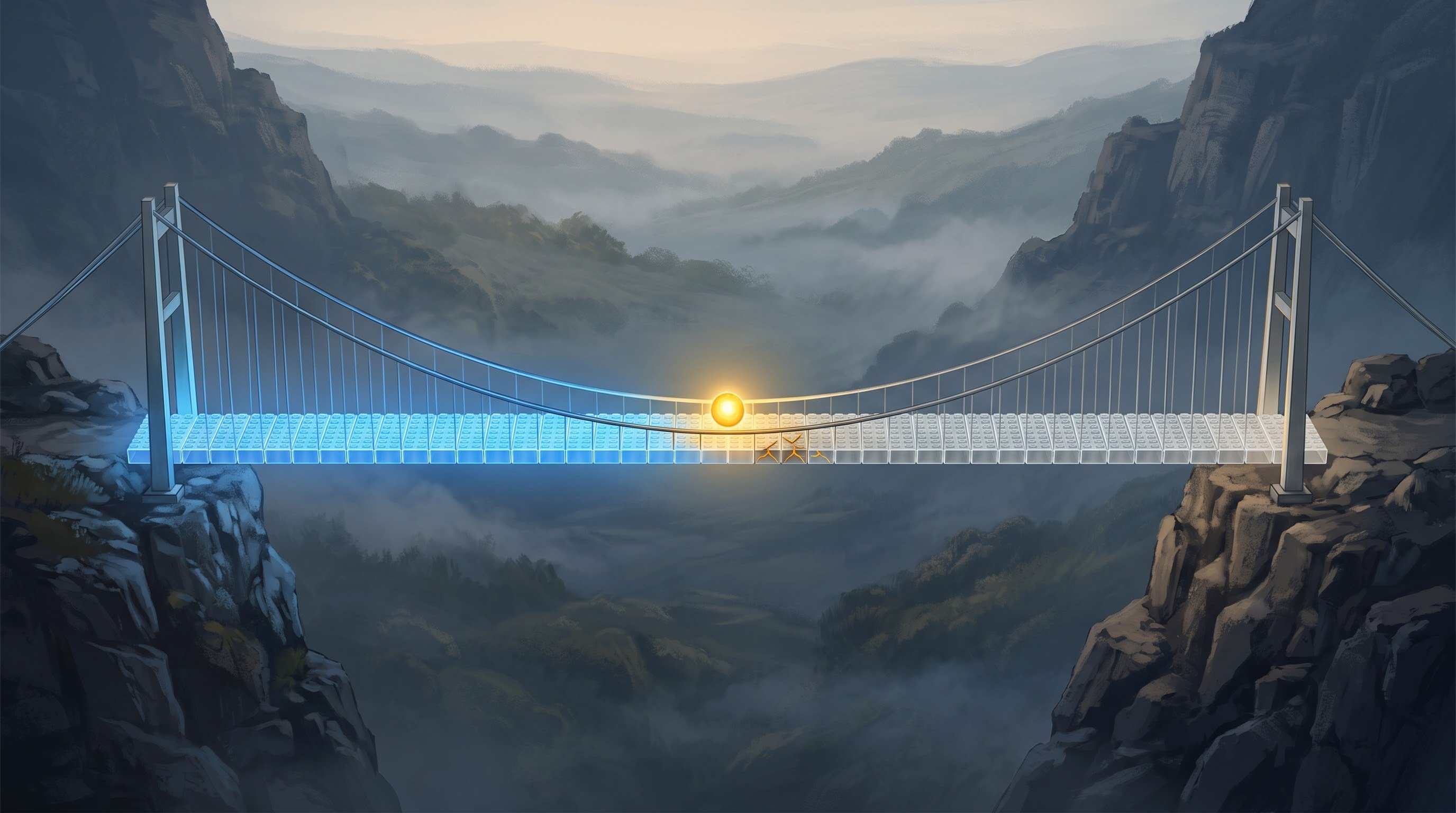 Hangbrug van glazen blokken tussen twee rotswanden boven een mistige vallei. Midden op de brug gloeit een gouden lichtbol; links ervan licht de brug blauw op, rechts is hij nog grijs, met vlak naast de bol een paar gebarsten blokken.