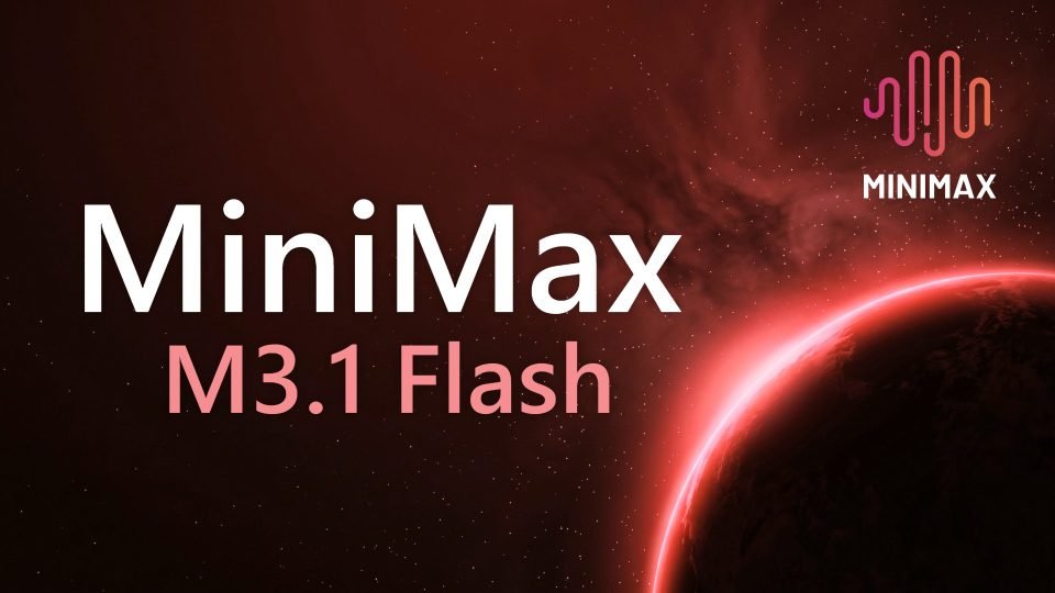 Titelkaart met de woorden MiniMax en M3.1 Flash in grote letters tegen een donkerrode sterrenhemel, rechtsonder een planeet met een gloeiende rode rand en rechtsboven het logo van MiniMax.