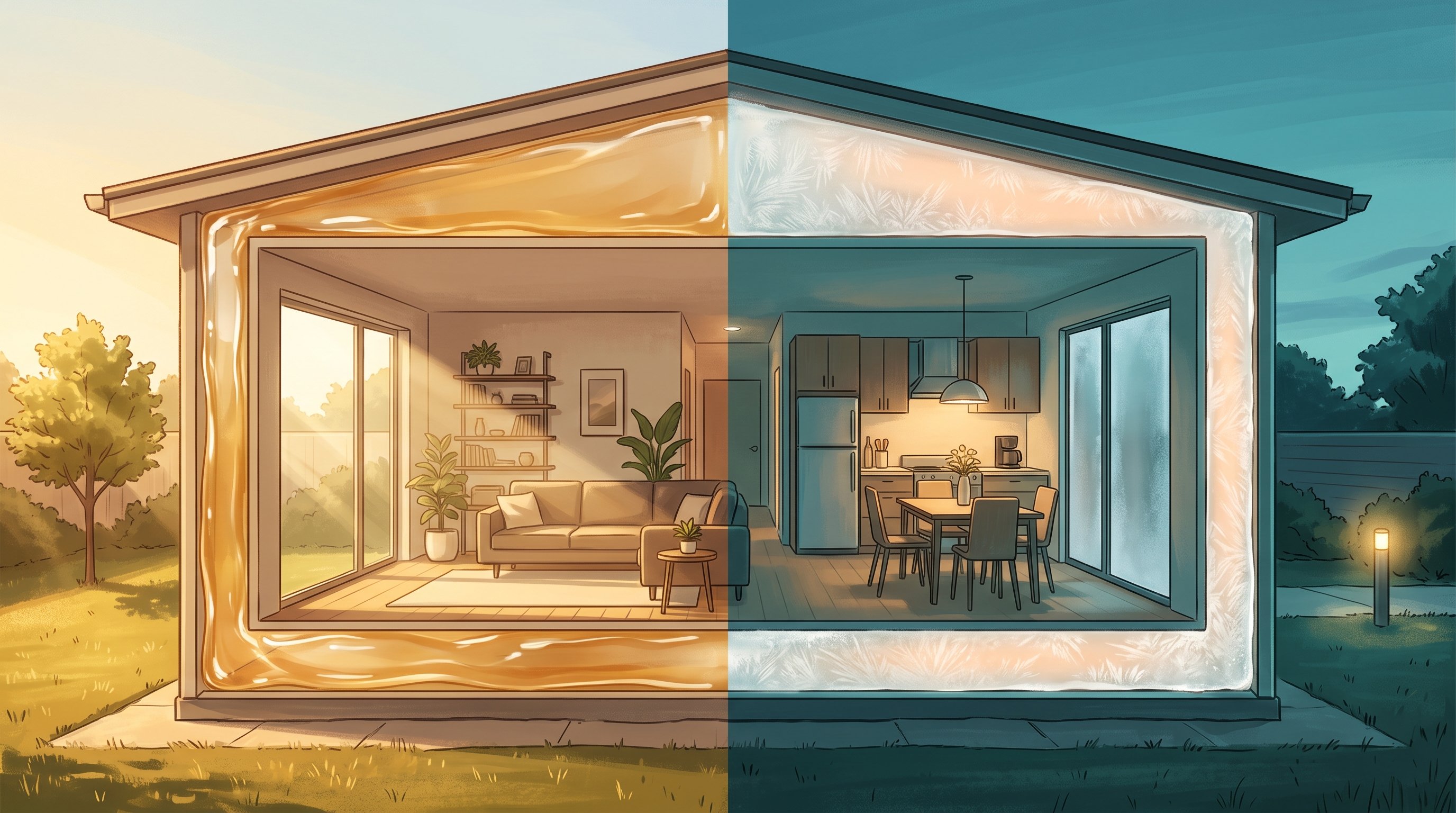 Doorsnede van een huis, in tweeën gedeeld: links middagzon en een glanzende, amberkleurige gellaag in dak, muren en vloer; rechts avondlicht, dezelfde laag wit en kristallijn, en ondoorzichtig glas.
