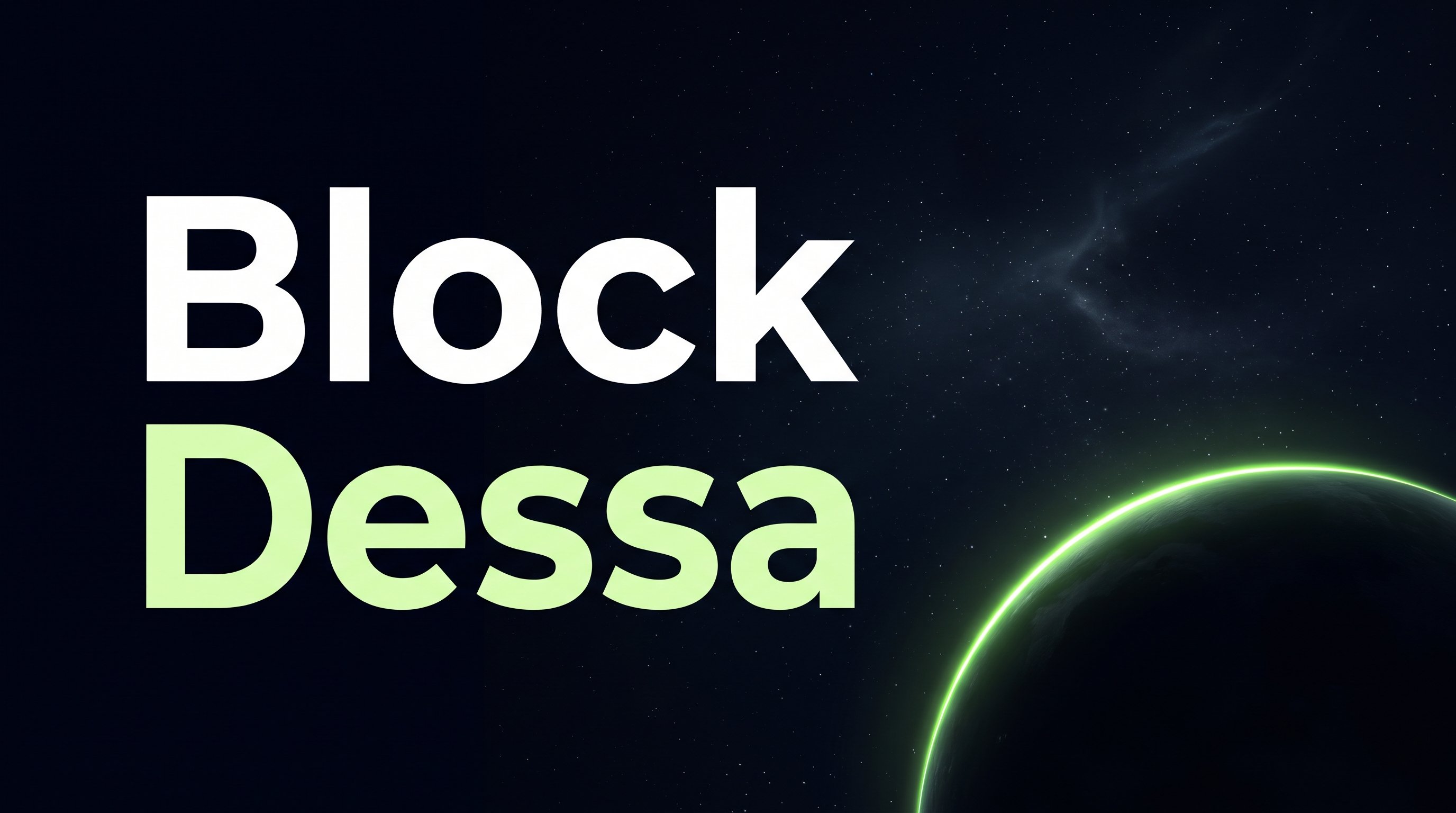 Titelkaart met in grote witte letters 'Block' en daaronder in lichtgroen 'Dessa', tegen een donkere sterrenhemel met rechtsonder een planeet met een groen gloeiende rand.